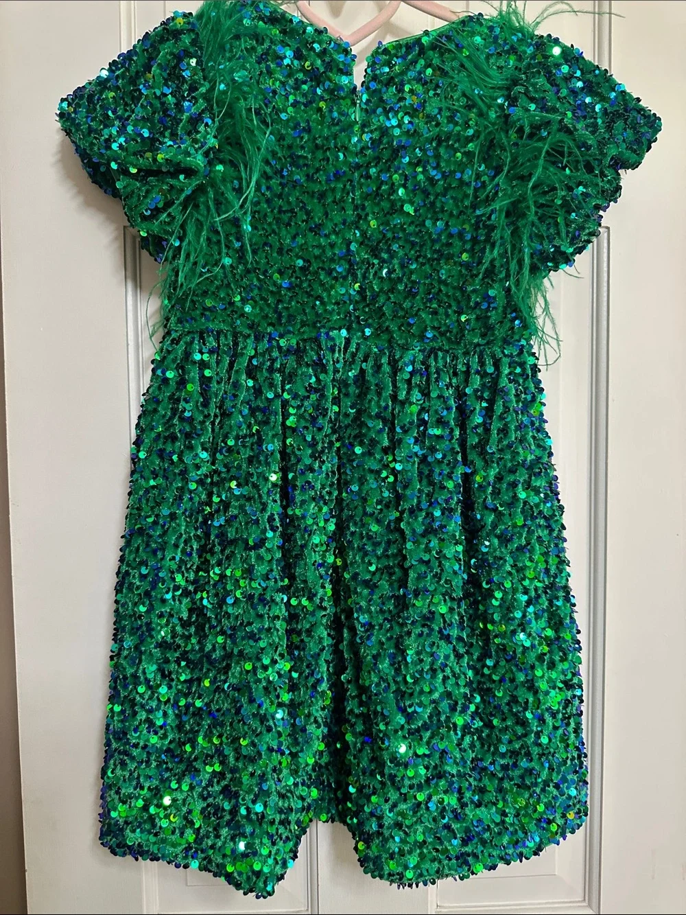 Lola + The Boys Emerald Green Sequin Dress with Feather Trim